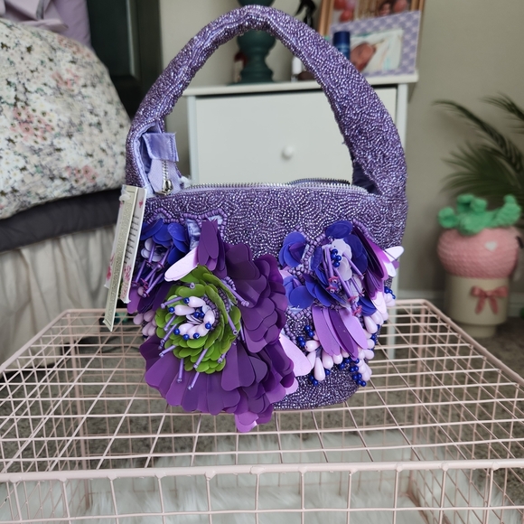T.J.Maxx Purple Mini Bag with Floral Accents - Picture 1 of 4